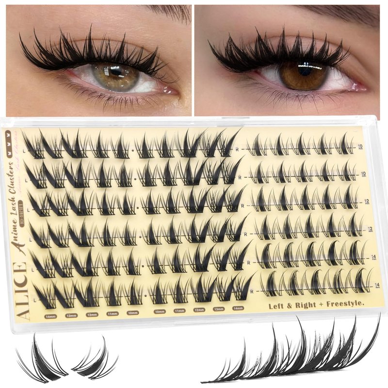 ALICE Lash Clusters with Spikes Anime Eyelash Clusters Natural Manga Eyelash Extensions 10-14mm Lash Extensions Thin Band DIY Left & Right Individual Lashes Cat Eye