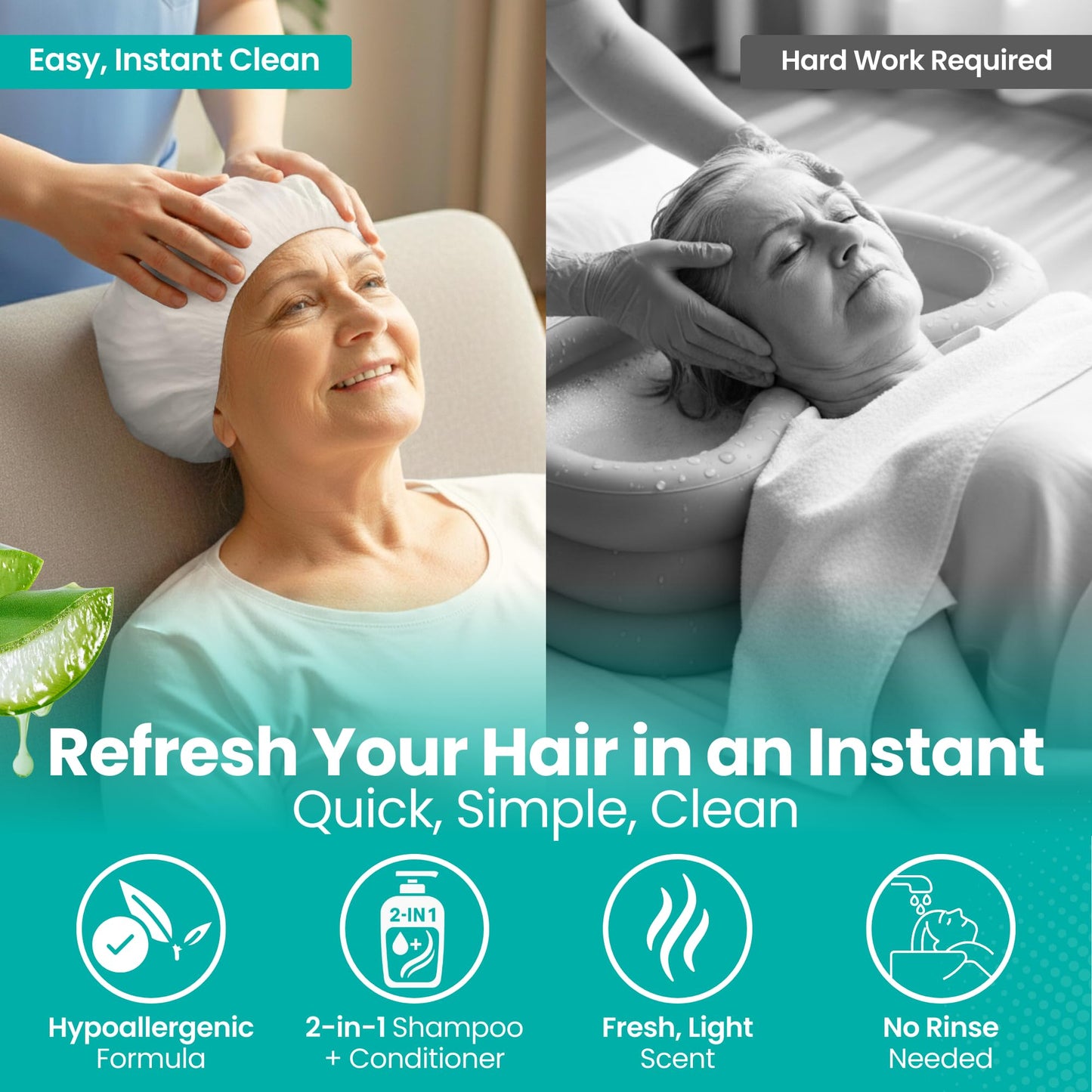No-Rinse Shampoo & Conditioner Shower Cap, Waterless Hair Washing for Elderly, Bedridden, Hassle-Free Microwavable Hair Washing Cap infused with Aloe & Vitamin E – 6-Pack