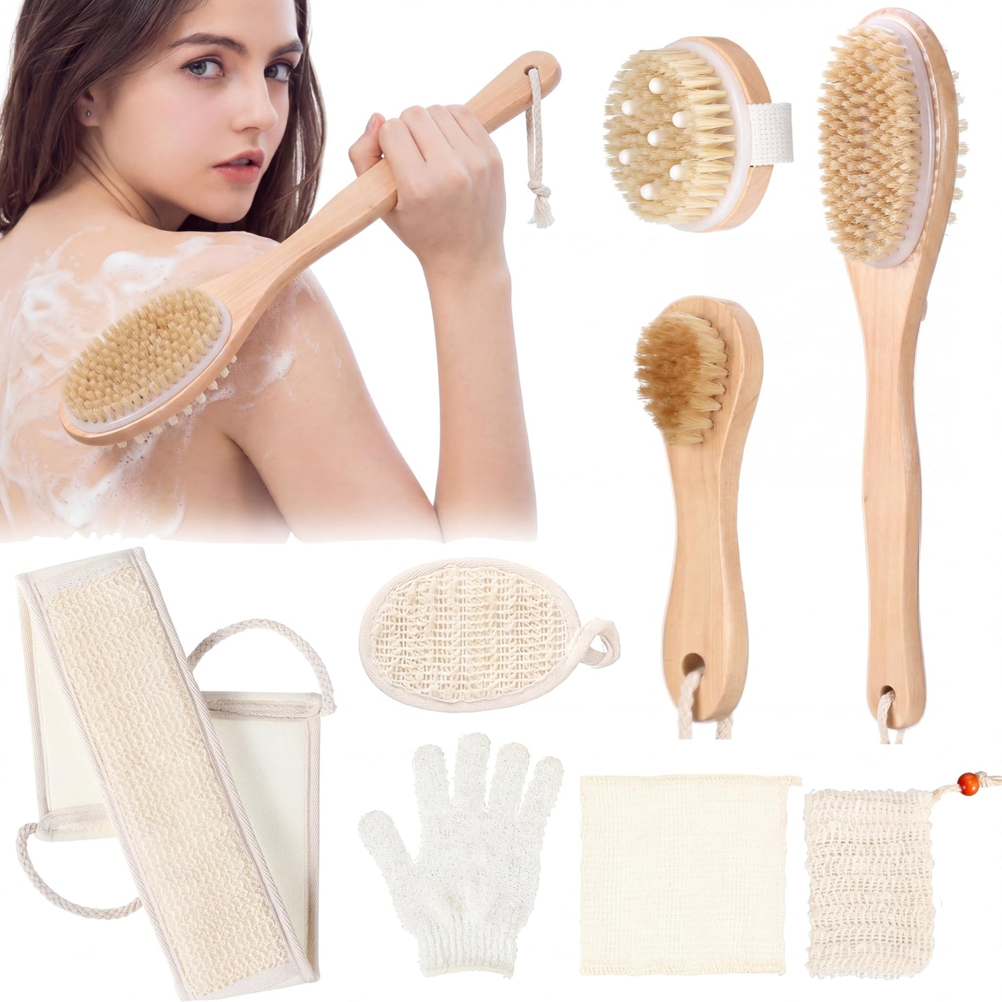 Geelin 8 Pcs Natural Loofah Exfoliating Body Scrubber Set Natural Sisal & Loofah Sponges Wooden Brushes for Dry Brushing Shower Scrubbing, Luffa Sponge to Clean Your Body and Back Deeply