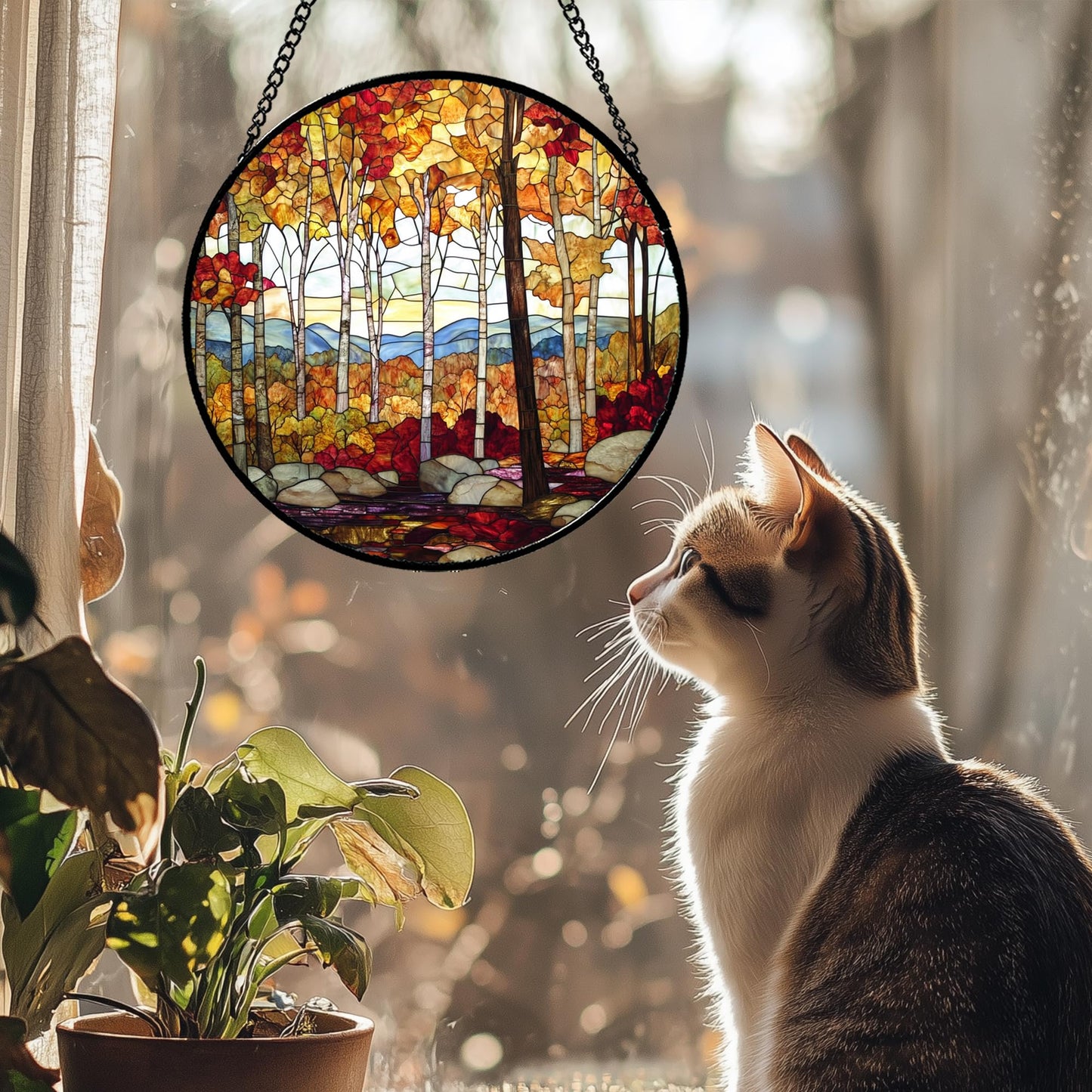 QZQCBLC Stained Glass Window Hanging Fall Birch Tree Forest Scenery 6.3" - Suncatcher Door Garden Sun Catcher Home Decor Birthday Christmas for Mom Men Woman Friend Nana