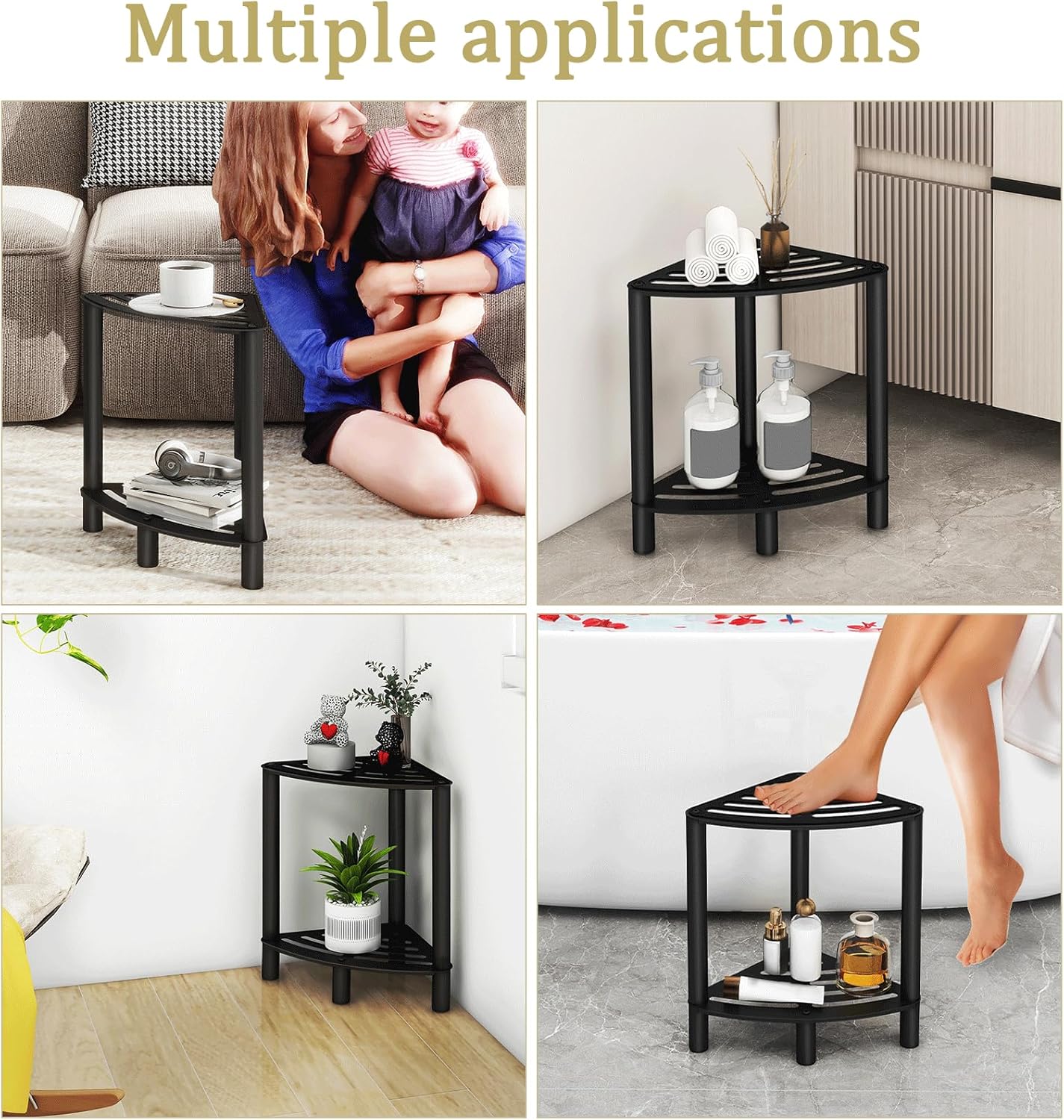 VOTZAAQ Stainless Steel Shower Stool - Double Layer Corner Bench | Matte Black Foot Rest for Small Bathrooms