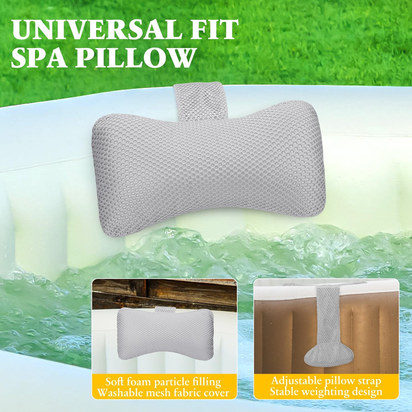 Keoltuo Hot Tub Pillow (2-Pack)，Bath Pillow for Headrest，Universal Spa Pillow Height Adjustable Chaise Lounge Pillow for Bathtub（Grey）