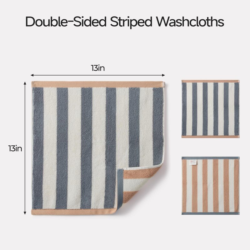 REDKISS 6 Pack Striped Wash Cloths - 13 x 13 Inch 100% Cotton Washcloths Set, Super Soft and Highly Absorbent Face Towels for Bathroom, Showering, Kitchen, Gym, Spa, Gray