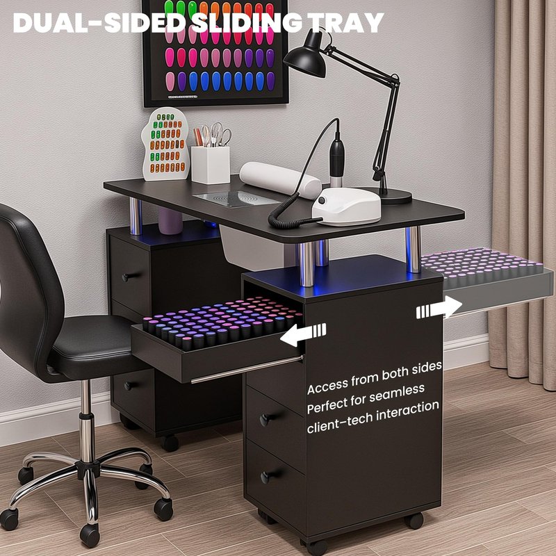 HolaiNail Nail Desk for Nail Tech w/Electric Dust Collector, Rolling Manicure Table w/Lockable Wheels, Storage Drawers, Wrist Cushion, Acetone Resistant, for Nail Beauty Salon Workstation (Black)