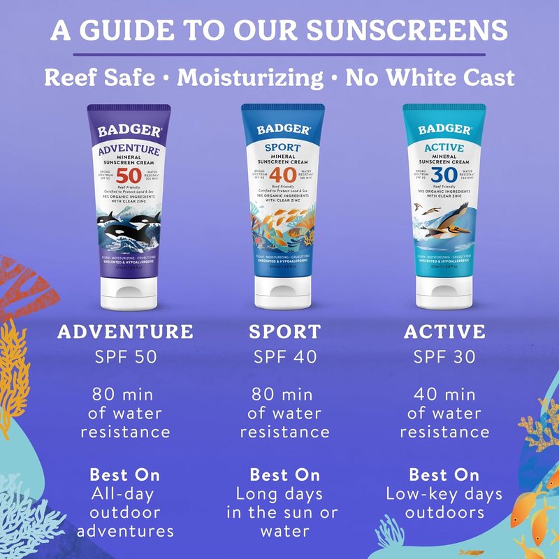 Badger Reef Safe Mineral Sunscreen - SPF 50, 98% Organic, Water Resistant, Unscented, 2.9 fl oz