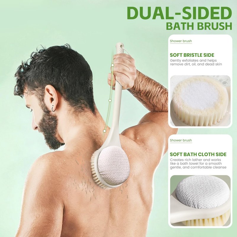 CYMPHW Back Scrubber for Shower with Long Handle, Dual-Sided Bath Brush with Soft Bristles & 150D Exfoliating Cloth, Anti-Slip Grip, Lightweight Back Washer for Shower, Men & Women (Light Yellow)