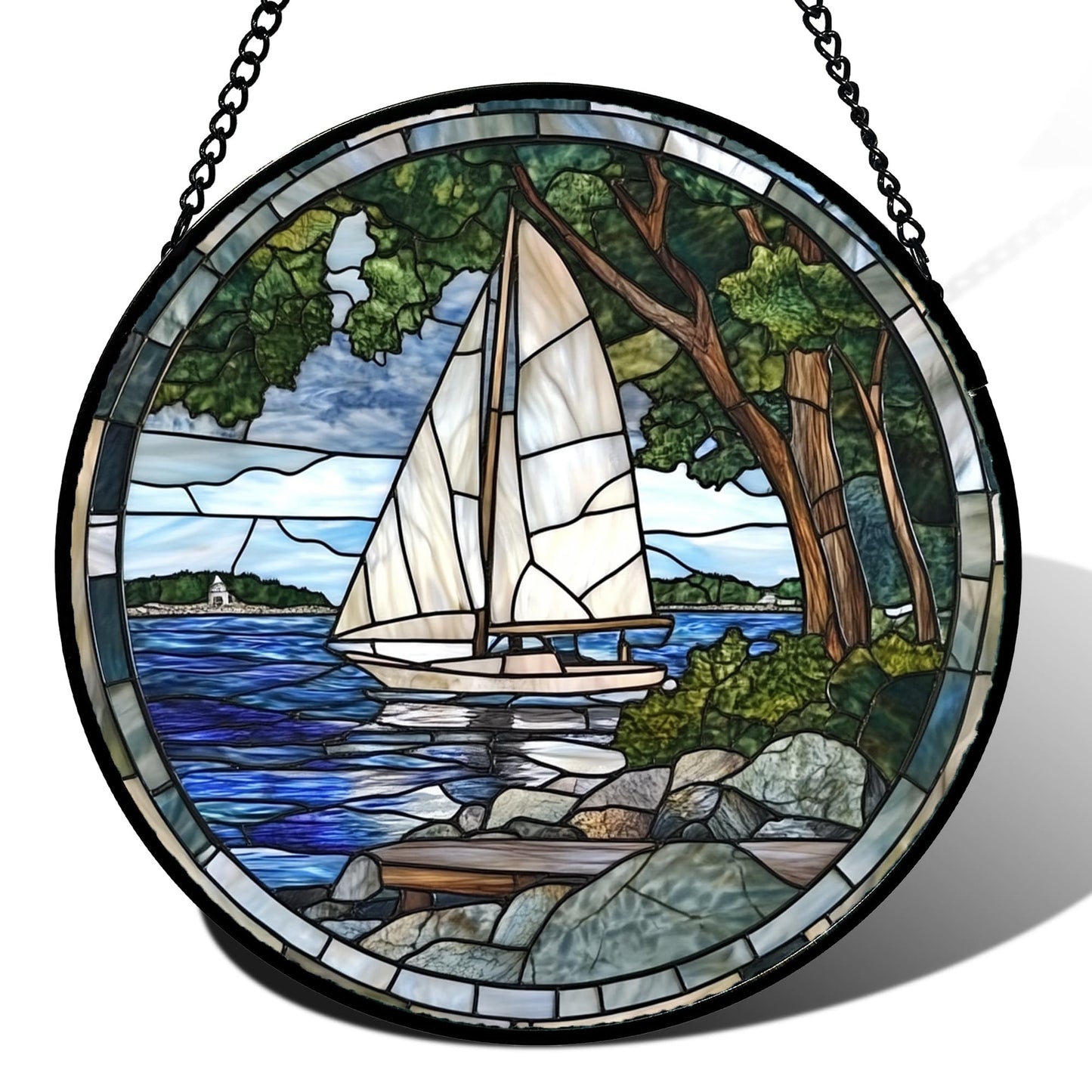 QZQCBLC Stained Glass Window Hanging Blue Ocean White Sailboat Large 15" - Nature Suncatcher Door Garden Sun Catcher Home Decor Birthday Christmas for Woman Mom Men Friend Nana