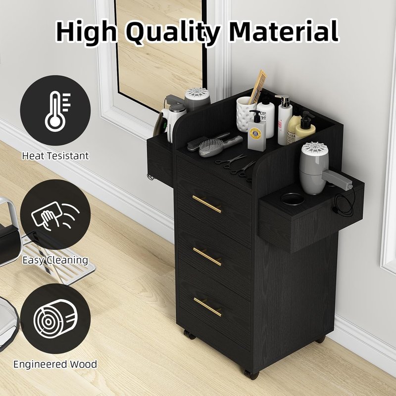 4ever2buy Rolling Salon Station - Hair Stylist Trolley Cart with Wheels, 6 Dryer Holders & 3 Drawers | Black & Gold