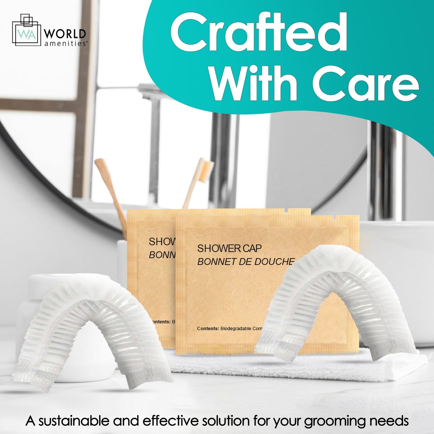 World Amenities Kraft Paper Shower Caps - Disposable Shower Caps in Kraft Paper Sachet (25 Pack)
