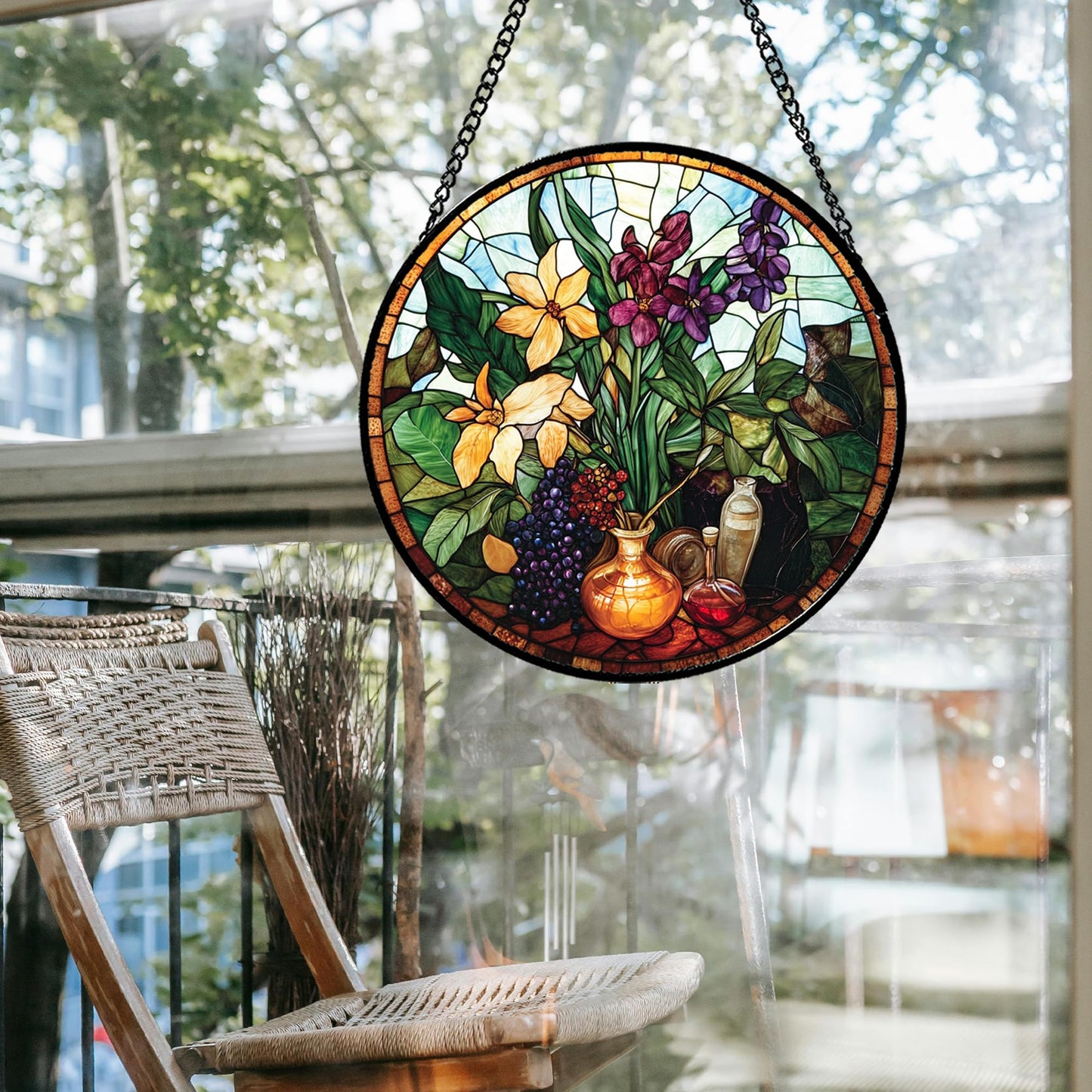 QZQCBLC Stained Glass Window Hanging Berry Plant Purple Yellow Flowers in Vase Large 11.8" - Suncatcher Door Garden Sun Catcher Home Decor Birthday Christmas for Mom Men Woman Nana