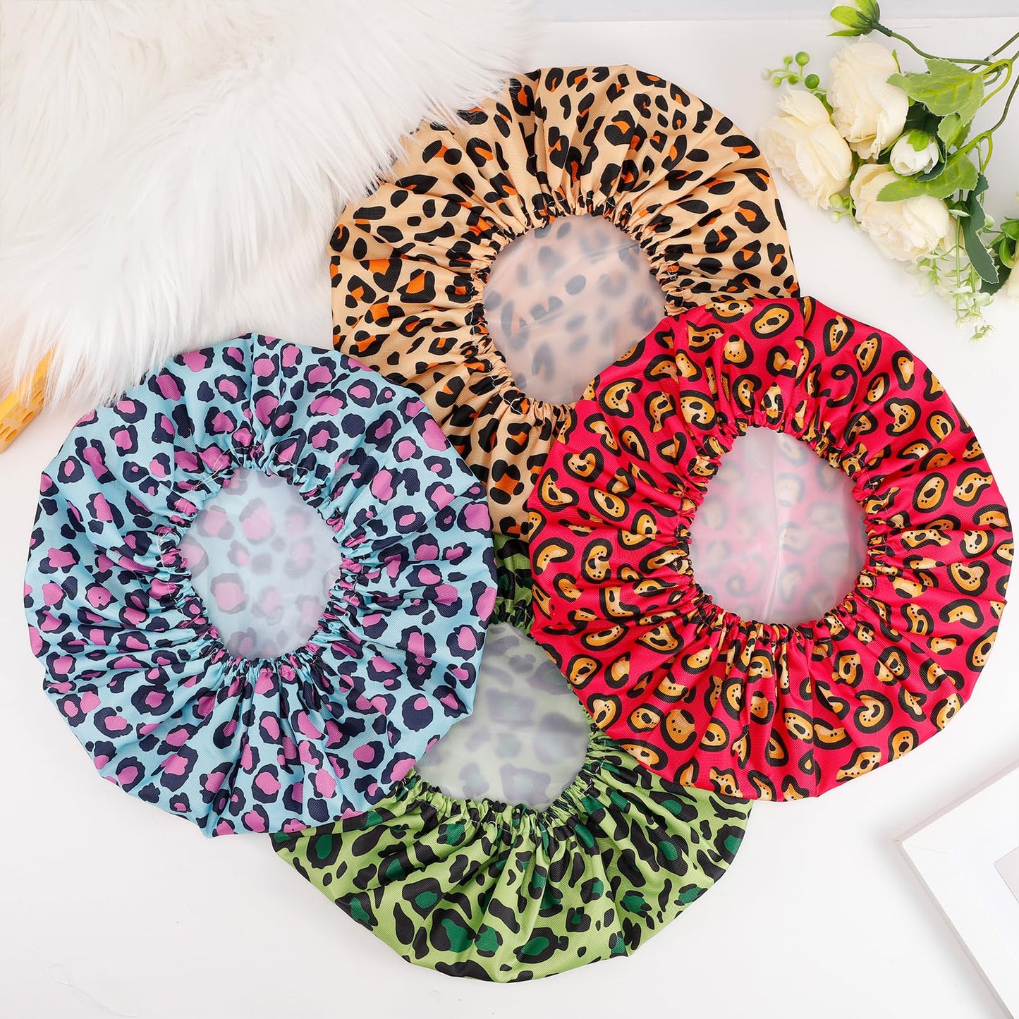 Erinnmy 4 PCS Shower Caps for Women,Reusable Waterproof Shower Cap,Double Layers Bath Caps,Large Shower Cap with EVA Lining,Elastic Bathing Hair Cap for All Hair Lengths(Leopard 1)