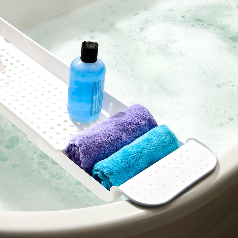 madesmart Expandable Bathtub Tray, Adjustable Bath Caddy & Over Tub Organizer Shelf for Bath Accessories, Soap, Razors, Towels, Toys & Toiletries, Non Slip Silicone Grip, Drainage Holes, Blue