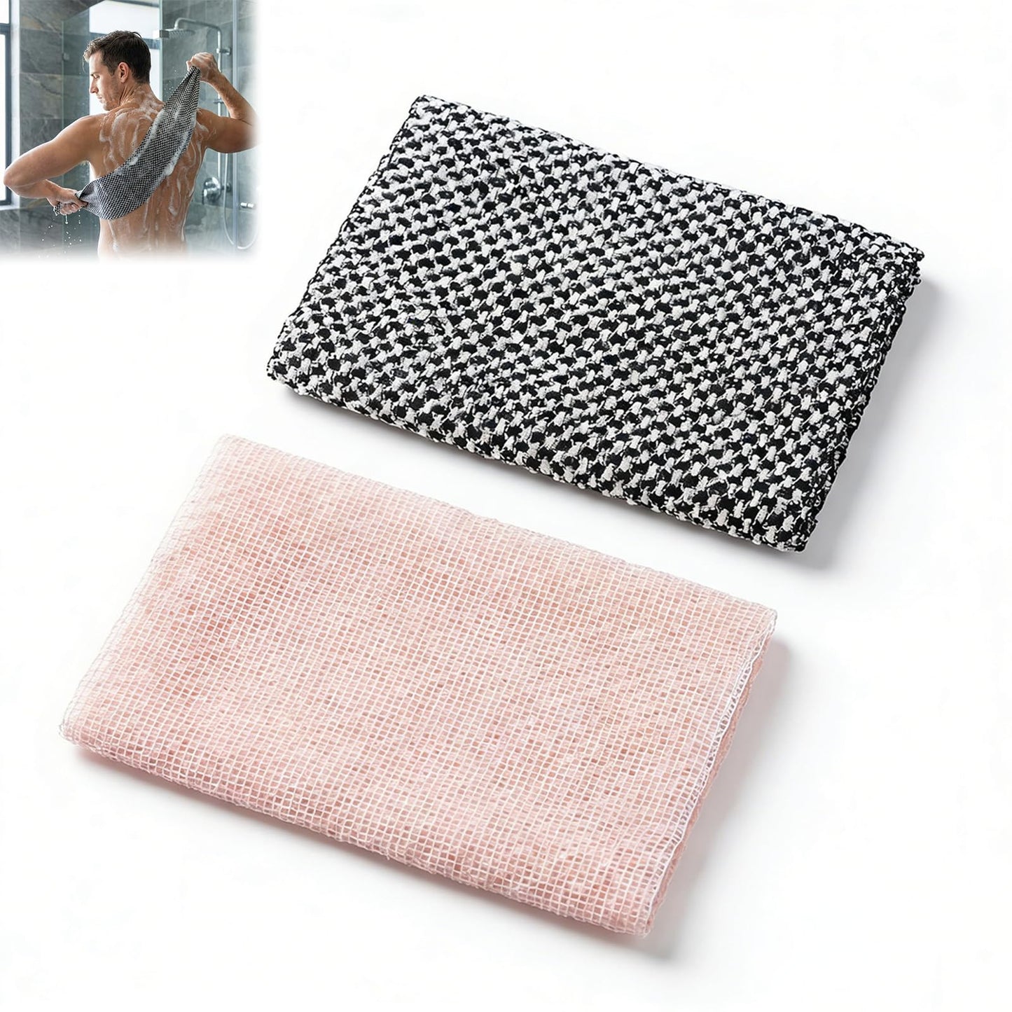 Blissal Exfoliating Bath Towel, 47 inches, Premium Scrubbing Bath Cloth, 2-in-1 Exfoliating Shower Towel, Double-Sided Design, Suitable for Body and Face, Unisex Exfoliating Bath Towel (Pink + Black)