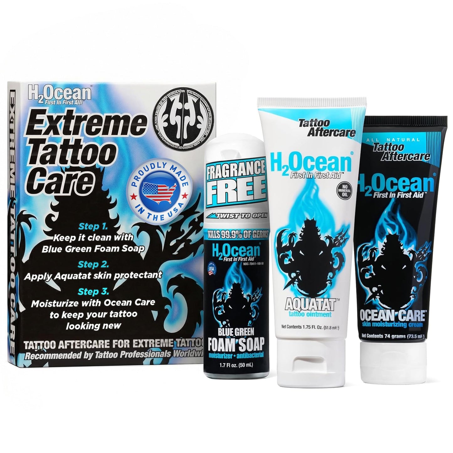 H2Ocean Extreme Tattoo Aftercare Kit – Complete 3-Step Tattoo Care & Healing Set with Antibacterial Foam Soap, Moisturizing Cream & Ointment – Sea Mineral Enriched Formula for Healthy, Vibrant Tattoos