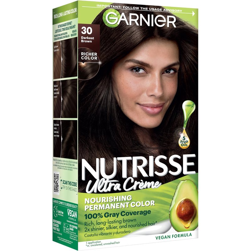 Garnier Nutrisse Ultra Crème Hair Color, Permanent Hair Dye with 100% Gray Coverage, Vegan & Cruelty-Free, 30 Darkest Brown (Sweet Cola), 1 Count