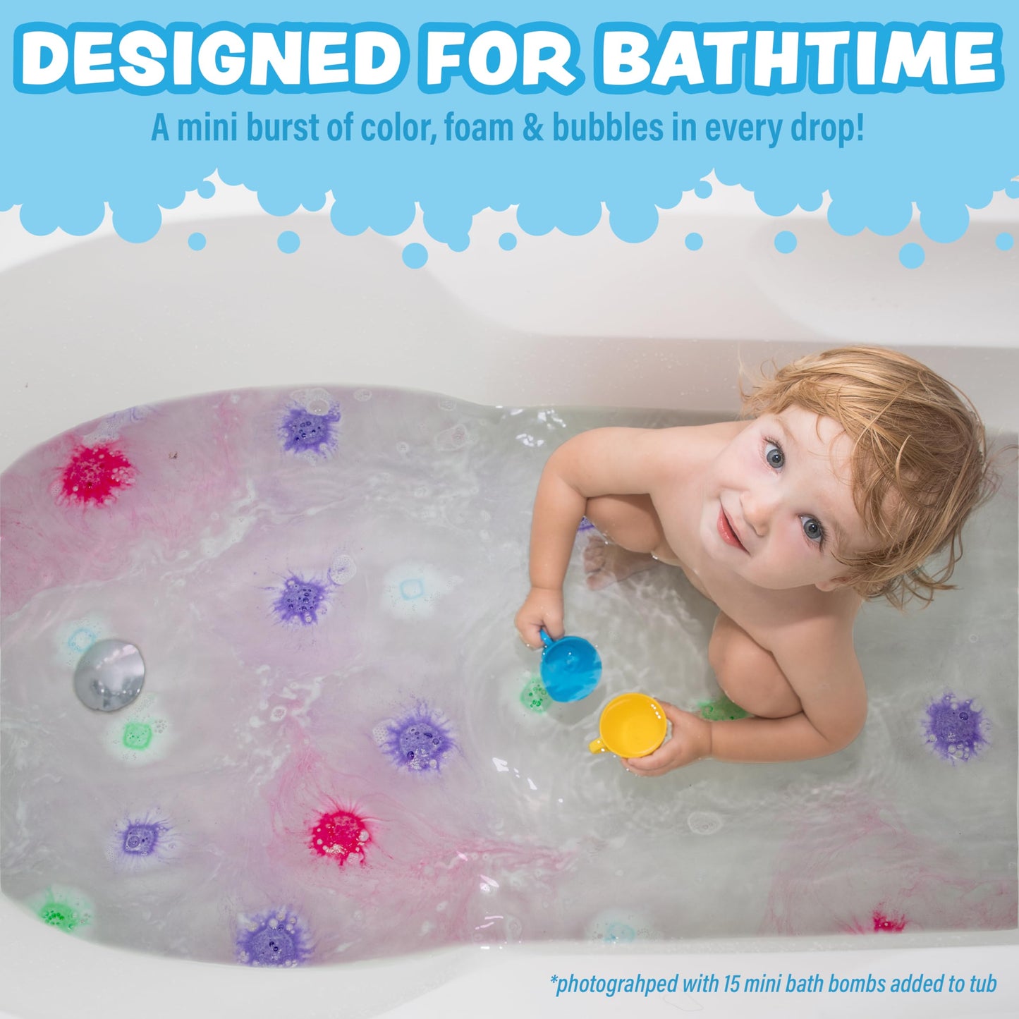 Tub Works® Lil' Bursts™ Mini Bath Bombs for Kids, 90 Count, Rainbow | Nontoxic | Tiny Kids Bath Bombs with A Burst of Color, Foam & Bubbles | Customize Toddler Bath with 7 Colors | Make Bathtub Art