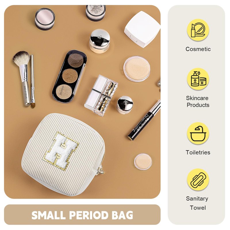 Playexen Small Initial Makeup Bag, Beige Corduroy Personalized Cosmetics Bag with Ring Buckle, Monogram Cute Travel Toiletry Pouch Purse, Birthday/Wedding/Party Gifts (Letter S)