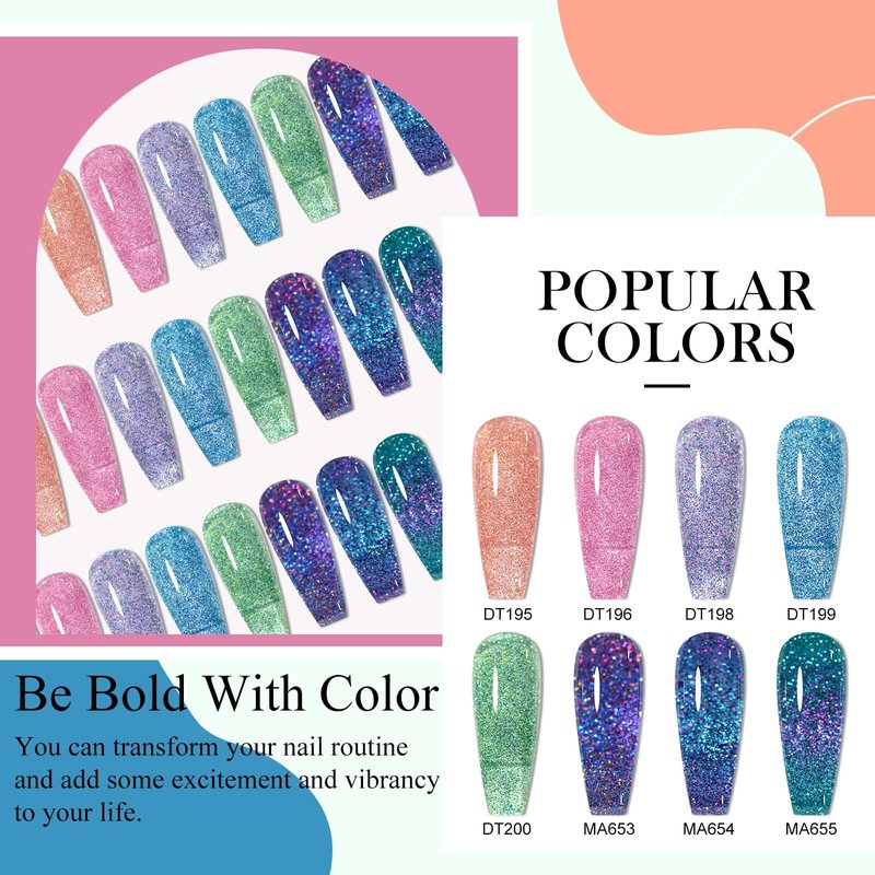 MEET ACROSS 12PCS Gel Nail Polish Set Glitter Gel Polish Pink Blue Purple Green Nail Polish Kit Soak Off Uv/Led Nail Gel DIY Manicure Gift for Her 8 Colors
