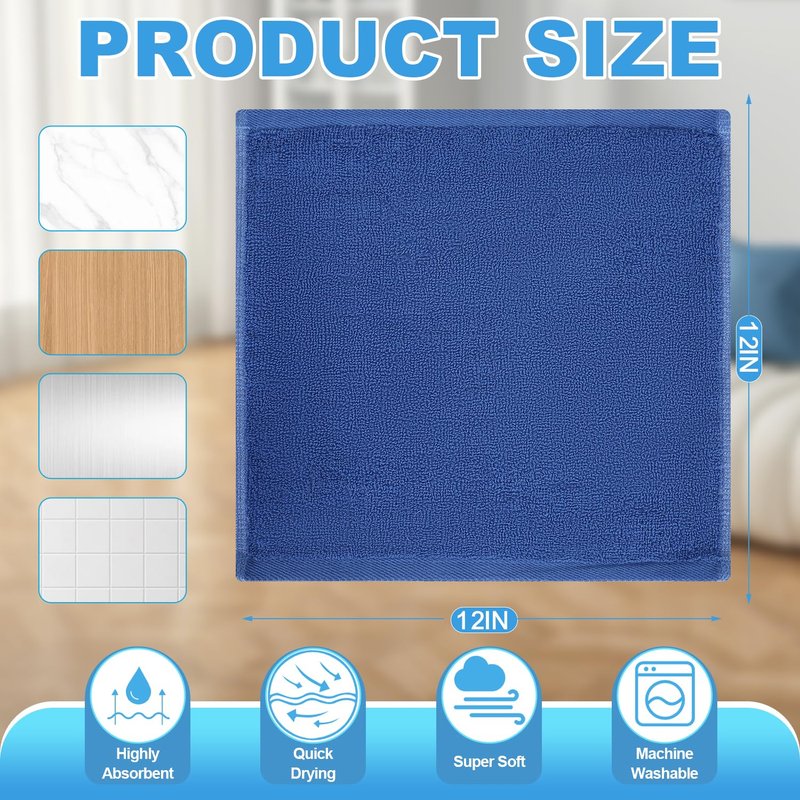 INFICRIME 12 Pack 100% Cotton Wash Cloth, 12x12 Inch Highly Absorbent and Soft Feel Fingertip Towels, Machine Washable Washcloths for Bathroom, Gym, Hotel, Spa and Kitchen, Blue