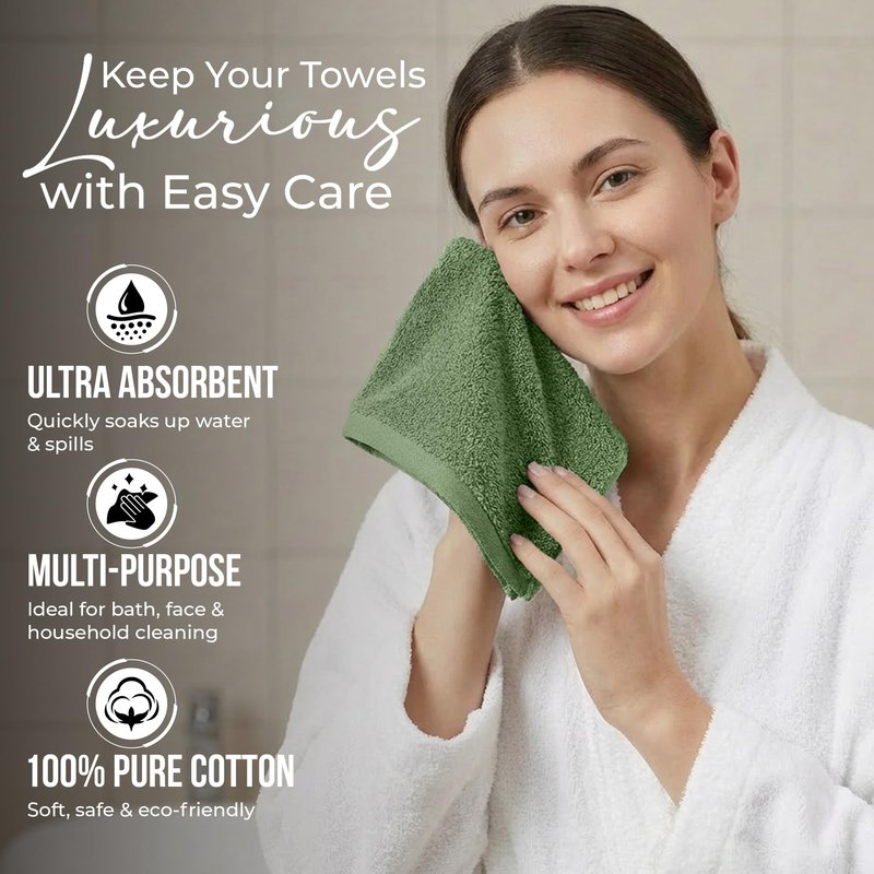 RIVERSIDE 12-Pack Premium 100% Cotton Sage Green Face Towels for Bathroom [12x12] - Reusable Luxury Face Wash Cloths for Showering - 550 GSM Super Soft & Absorbent Washcloths for Body, Spa & Gym