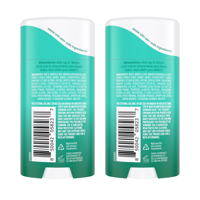Lume Whole Body Deodorant - Invisible Cream Stick - 72 Hour Odor Control - Aluminum Free, Baking Soda Free, Skin Safe - 2.2 Ounce (Pack of 2) (Minted Cucumber)