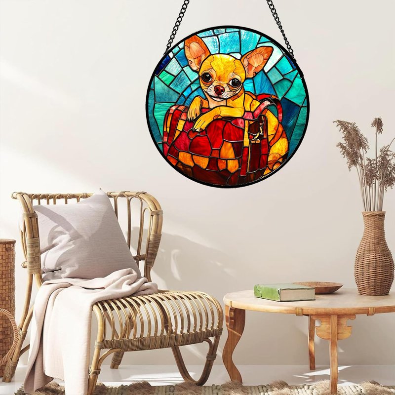 GEFOS Stained Glass Window Hanging Cute Dog Chihuahua 6.3" - Suncatcher Door Garden Sunroom Sun Catcher Home Decor Birthday Christmas for Lost Pets Mom Men Woman Nana