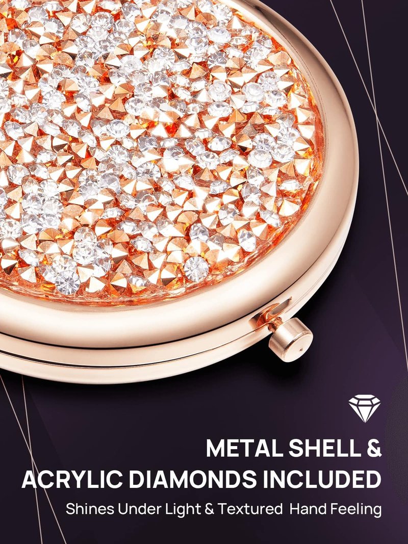 OMIRO 1X/10X Magnifying Compact Mirror, Mini Mix Diamond Metal Pocket Makeup Mirror (Rose Gold)