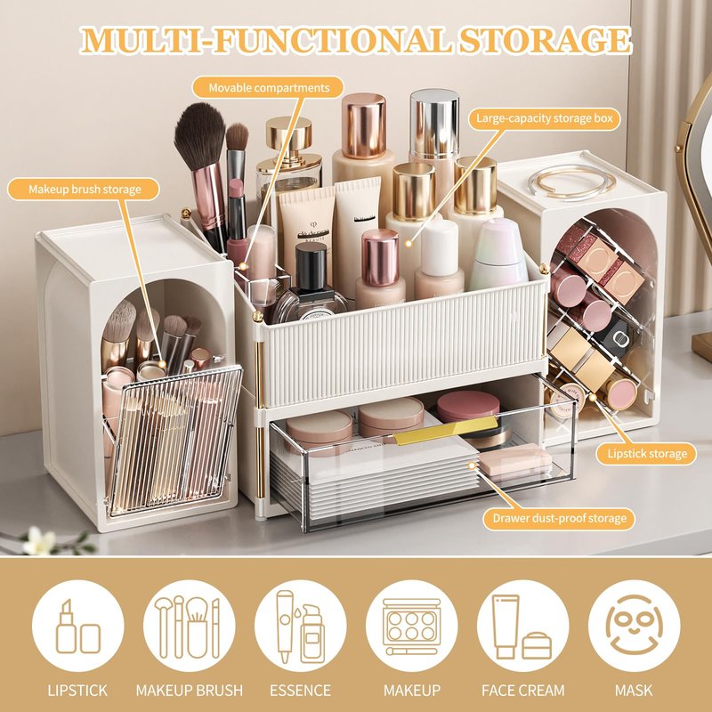 CVGETME Makeup Organizer for Vanity with Brush Holder, Large Bathroom Countertop Cosmetic Organizer Skin Care Storage, Easy to Store Lipsticks, Nail Polishes, Perfumes (White+Transparent)