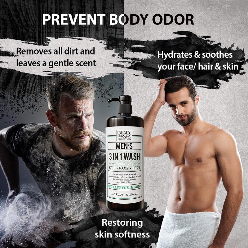 Dead Sea Collection Eucalyptus Mint Men’s Body Wash – 3 in 1 Body Wash for Men for Hair, Face & Body – Moisturizing Shower Gel with Dead Sea Minerals – Pack of 2 (33.8 fl oz each)