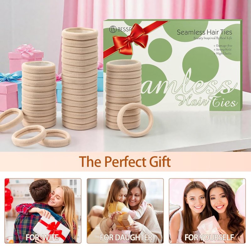 Bessrung Seamless Nylon Hair Ties - 100 PCS No Damage Elastic Ponytail Holders for All Hair Types | Beige