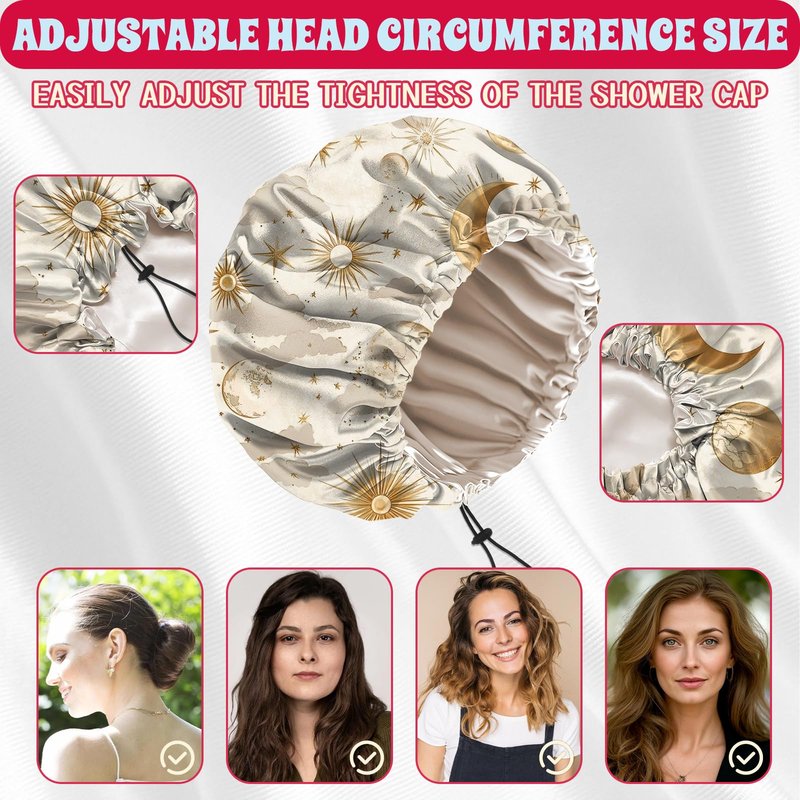 BHAHB Shower Cap Reusable Waterproof Double Layer Elastic Adjustable Hair Bath Caps Cute Aesthetic for Women Girls-Khaki