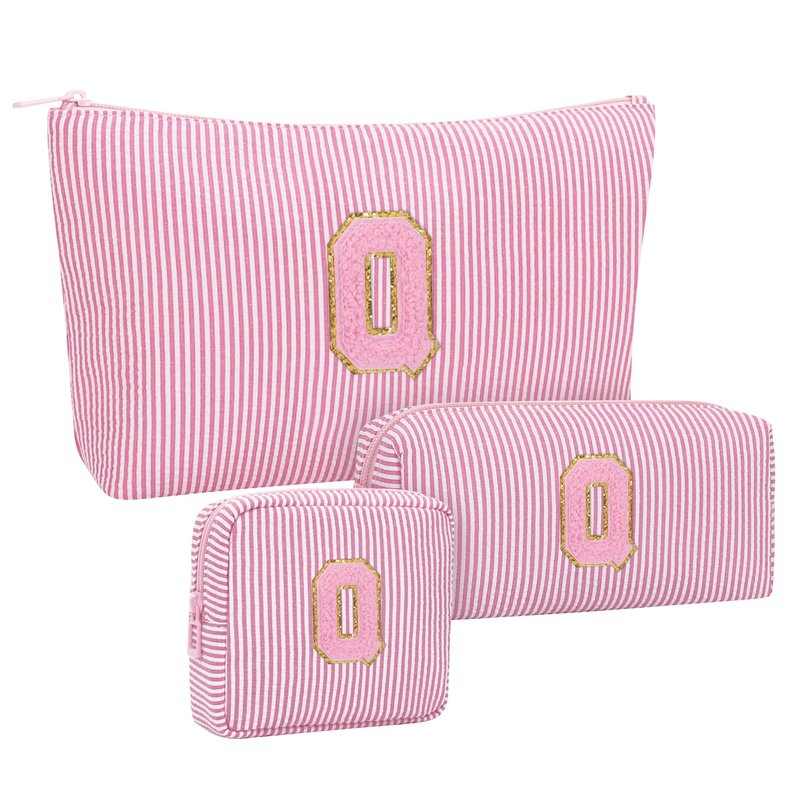 MONSTINA Preppy Chenille Makeup Bag|Personalized Initial Bags with Zipper,Cute Makeup Pouch Stripe Cosmetic Bag,Birthday Gift for Daughter|Preppy Things for Girls,3PCS Pink Q
