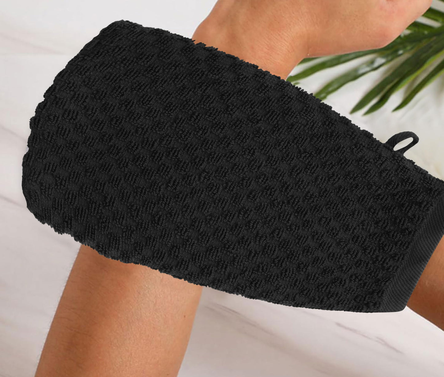 COTTON CRAFT Bath Mitt - Exfoliating Glove - Set of 6 Euro Spa Waffle Weave Towel Mitts - 100% Cotton Body Shower Glove Washcloth with Hanging Loop - Sensitive Skin Friendly - Large 5.5x10 -Black