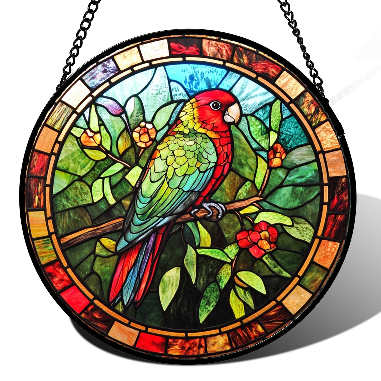 GEFOS Stained Glass Window Hanging Red Green Parrot On A Branch 6.3" - Suncatcher Door Garden Sunroom Sun Catcher Home Decor Birthday Christmas for Mom Men Woman Nana