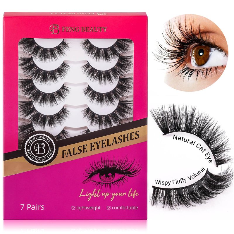 Dramatic Cat Eye Lashes - Fluffy Volume False Eyelashes with Lightweight Comfort, Easy Apply Winged Style (8-16mm), Reusable Glam Lashes for All Eye Shapes, 7 Pairs Full-Strip Lashes