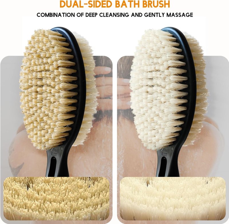 Gobiteli Back Scrubber with Soft and Stiff Bristles, 17''-25'' Long Handle Dual-Sided Shower Brush for Body for Deep Cleaning