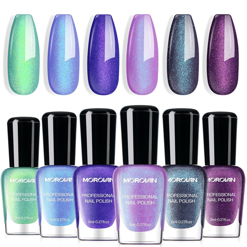 Morovan Chameleon Nail Polish Set: 6 Colors Holographic Quick Dry Mini Nail Lacquer Kit Green Glitter Pink Blue Purple Gray Aurora Shimmer Fall DIY Nail Art Manicure Gift For Women Girls