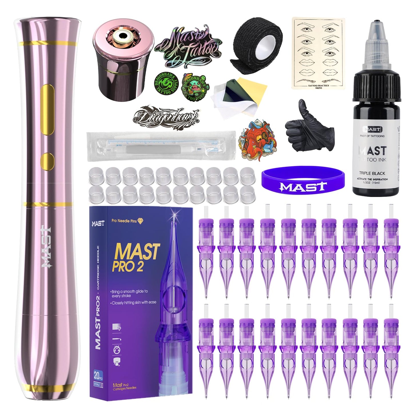 Mast Tattoo P40 Cordless Tattoo Gun Machine Kit - Rotary Tattoo Pen for Eyebrows/Lips/Eyeliner 20Pcs Cartridge Needles Lightweight Slim Body for Artists (Pink)