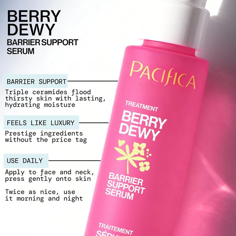 Pacifica Berry Dewy Barrier Serum | Ceramide & Niacinamide Face Serum with Snow Mushroom | Lightweight Gel Texture