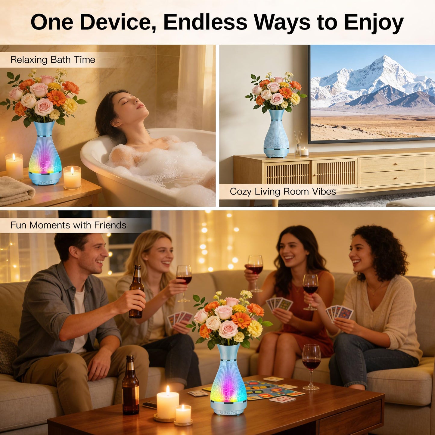 3-in-1 Vase Bluetooth Speaker With Ambient Light & White Noise, 8H Playtime, Water-Safe Flower Vase for Bedroom, Living Room Decor, Mother's Day,Birthday Gift for Women, Mom, Wife or Girlfriend