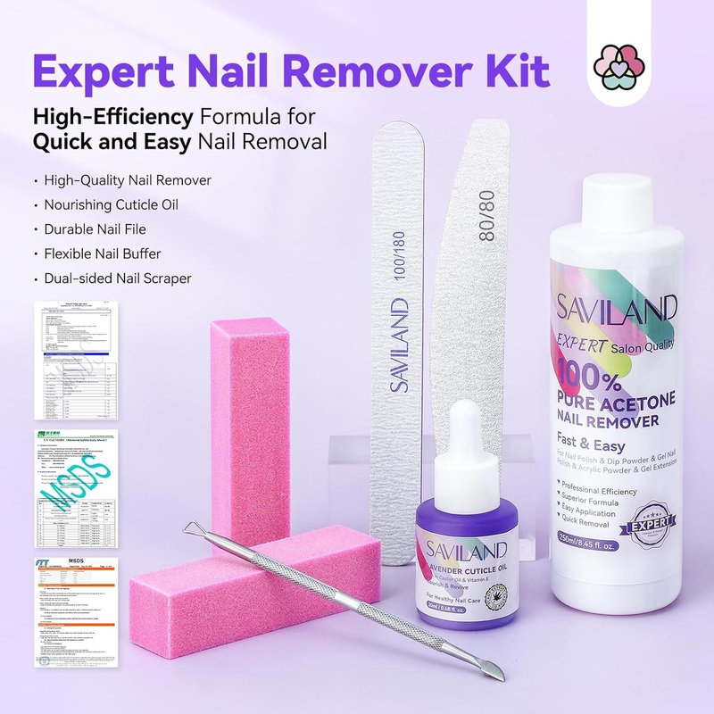 SAVILAND Pure Acetone Nail Polish Remover Kit: 8.45oz Gel & Acrylic Nail Remover with Cuticle Oil, Buffer, Files & Scraper for Quick, Gentle Removal of Gel Polish, Dip Powder & Acrylic Nails Home Use