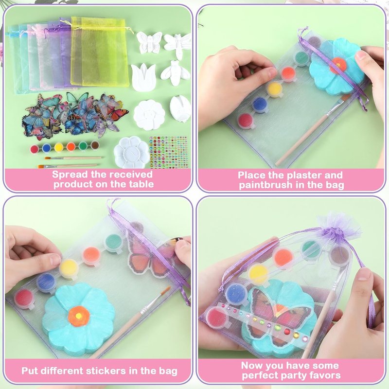 Gersoniel 24 Set Spring Theme DIY Plaster Paint Your Own Figurines Art and Craft Set Fairy Party Favors Painting Statues Kits with Brushes Palette Butterfly Sticker Organza Bag for Art Activity Supply