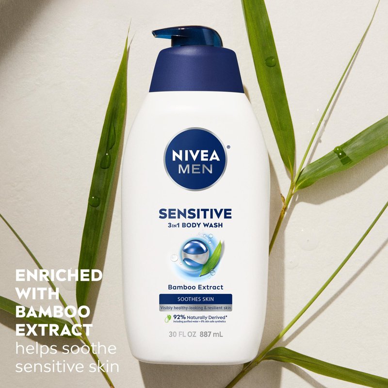 NIVEA MEN Sensitive Body Wash with Bamboo Extract, Moisturizing Body Wash for Sensitive Skin, Soap Free Shower Gel for Men with No Drying Alcohol, 30 Fl Oz Bottle