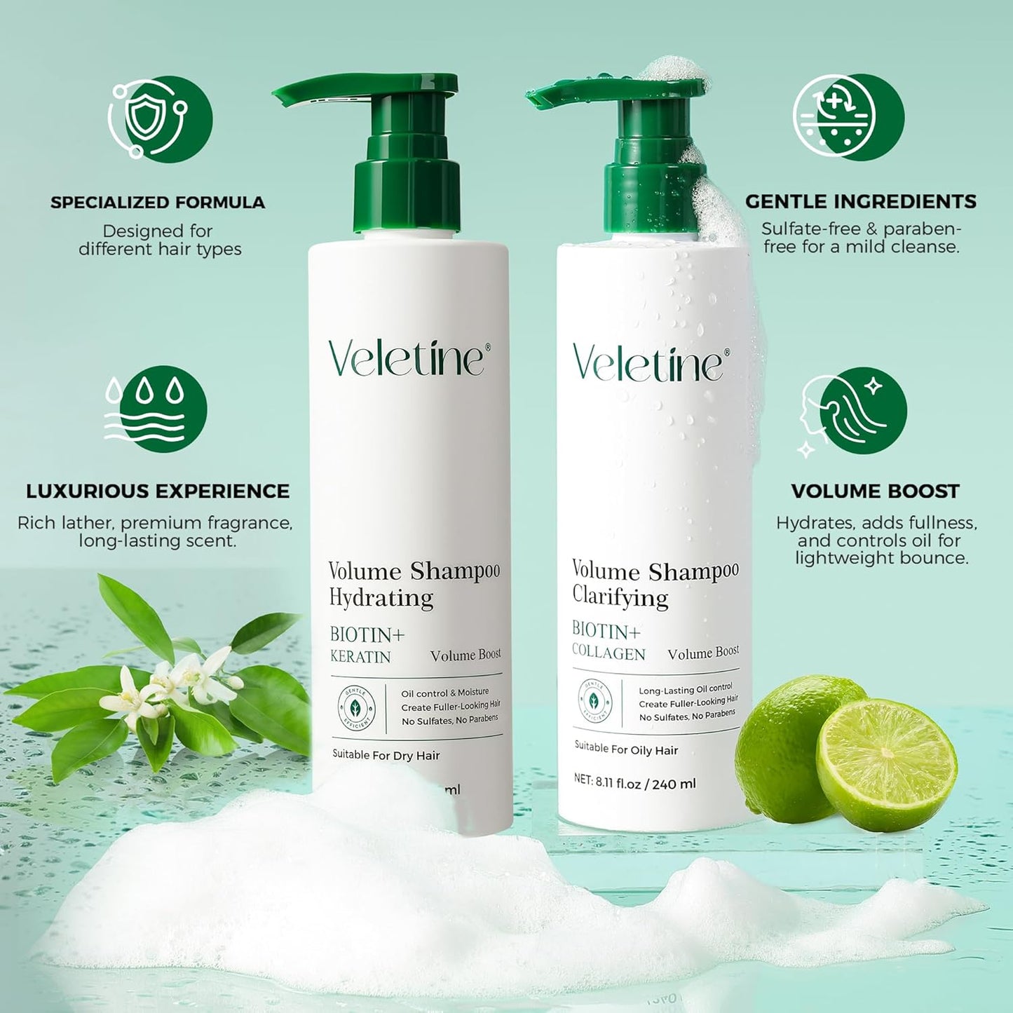 Volumizing Shampoo for Fine Oily Hair - Adds Long-Lasting Volume & Shine | Biotin & Ginger Root Extract, 240ml/8.11oz