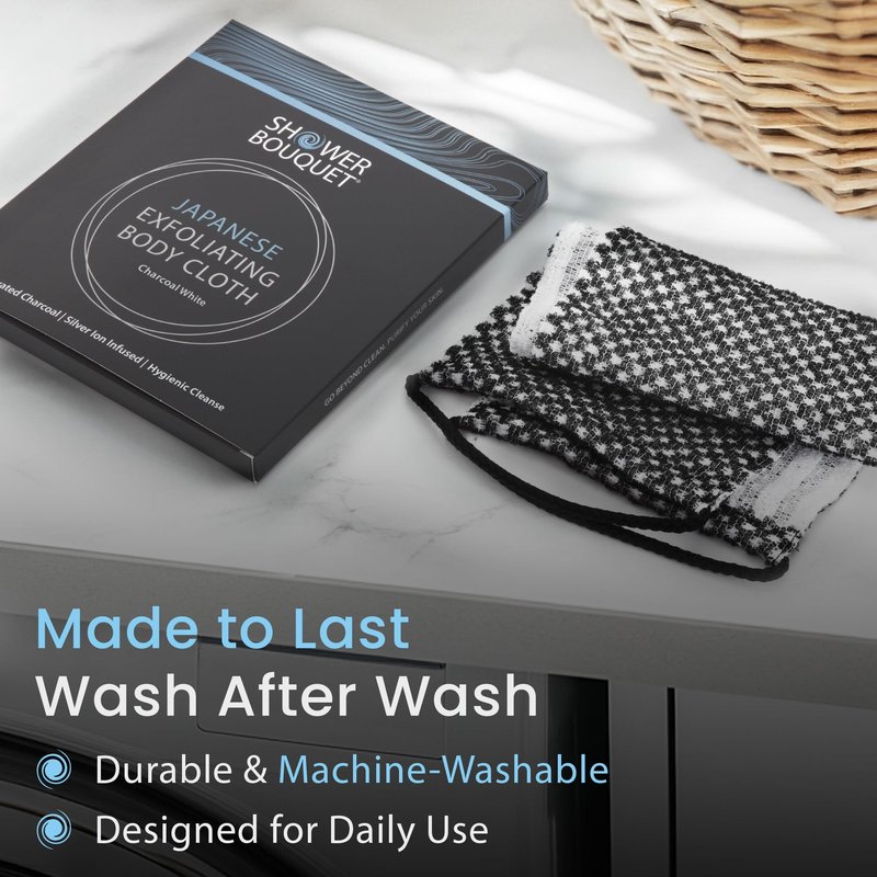 Japanese Exfoliating Washcloth for Back & Body 2-Pack - Charcoal & Silver Ion Exfoliating Towel with Handles - Two-Sided Gentle Exfoliation & Deep Cleanse Body Wash Cloths for Shower - 1 White, 1 Blue