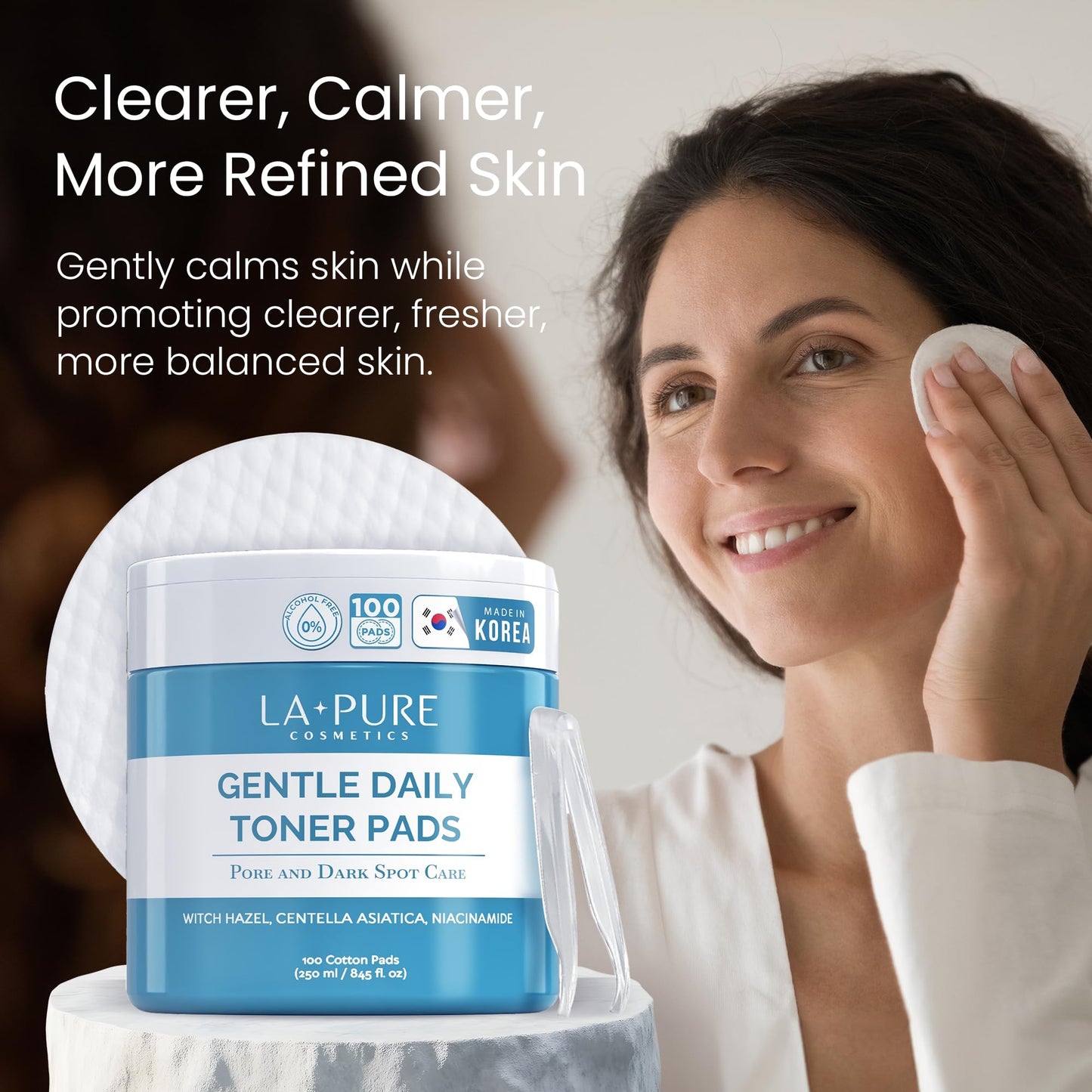 LA PURE Korean Toner Pads for Face - Alcohol-Free Exfoliating Pads with Witch Hazel, Centella Asiatica & Niacinamide to Exfoliate, Hydrate, Refine Pores & Improve Look of Dark Spots, 100 Ct