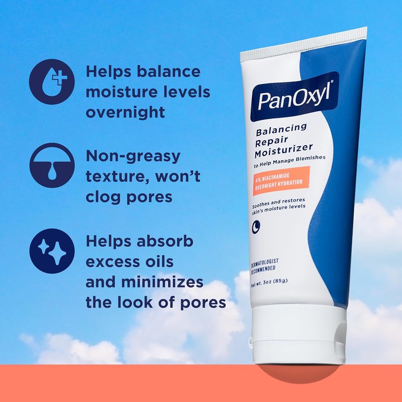 PanOxyl PM Balancing Repair Moisturizer - Hydrating Niacinamide & Ceramides for Acne-Prone Skin | 3 oz