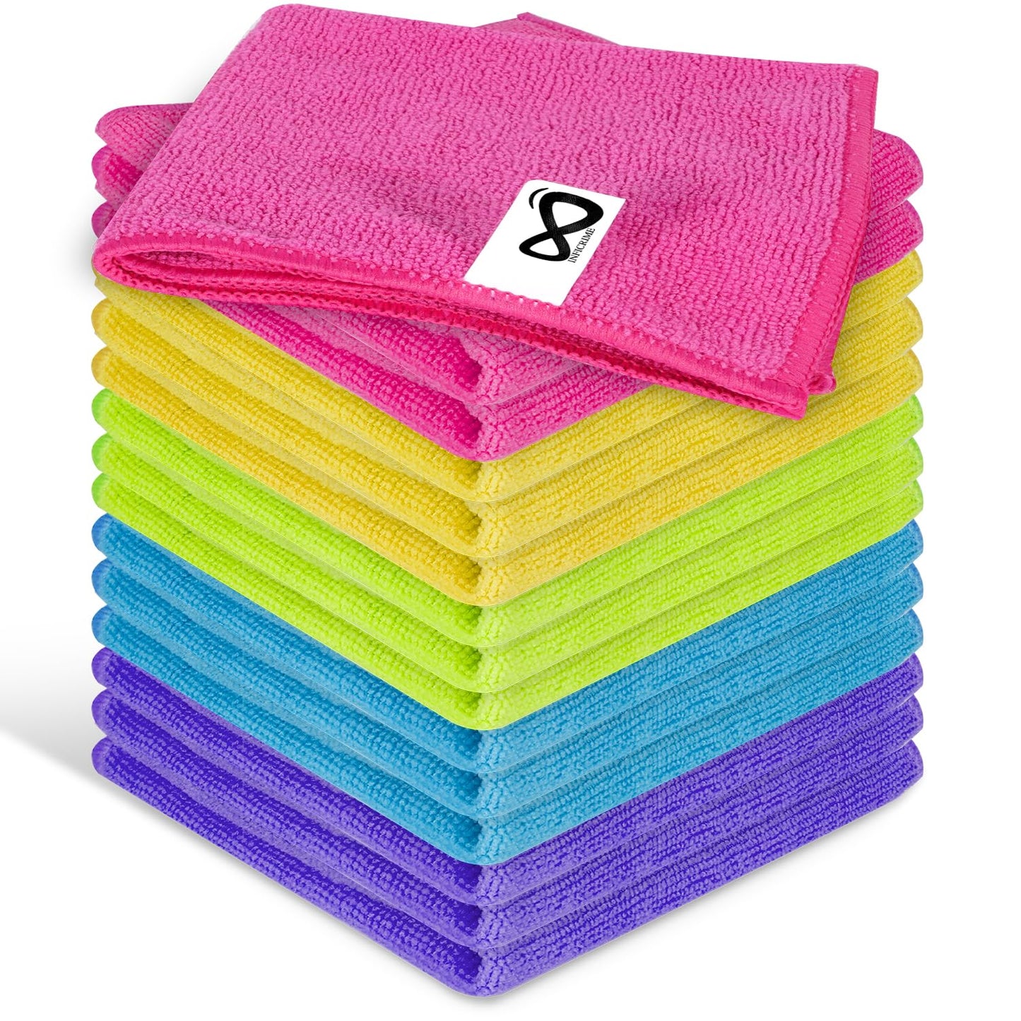 INFICRIME Microfiber Cleaning Cloths, 15 Pack Cleaning Rags, Wet and Dry Use Cleaning Towels, Highly Absorbent and Soft Feel, Lint Free, Streak Free, 11.5"X11.5"(Red/Yellow/Green/Blue/Purple)