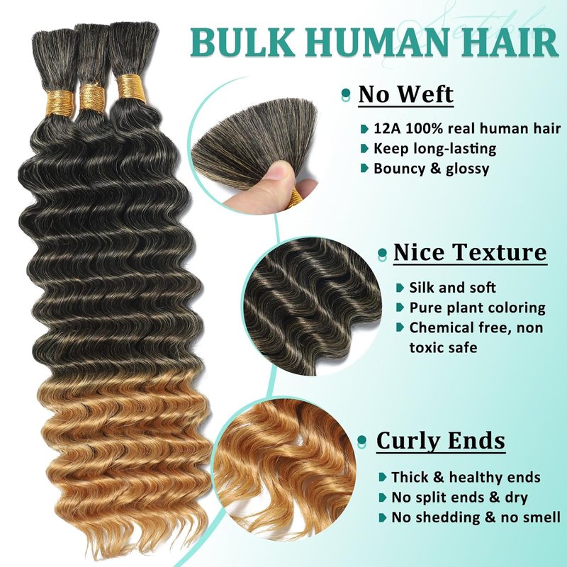 Ombre Human Braiding Hair for Boho Braids 14 Inch 120g Deep Wave Bulk Boho Human Hair for Braiding Curly Knotless Bohemian Braids 12A 100% Brazilian Virgin No Weft Extensions 3 Bundles/Pack T1B/27
