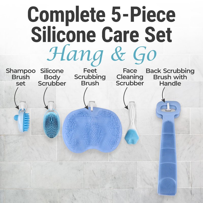 5 PCS Silicone Loofah Body Scrubber Care Set – Back Scrubber, Face Brush, Foot Scrubber, Shampoo & Scalp Brush, Silicone Body Scrubber with Handle (Blue)
